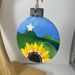 Hand-Painted Wooden Sunflower & Mountain Scene Ornament